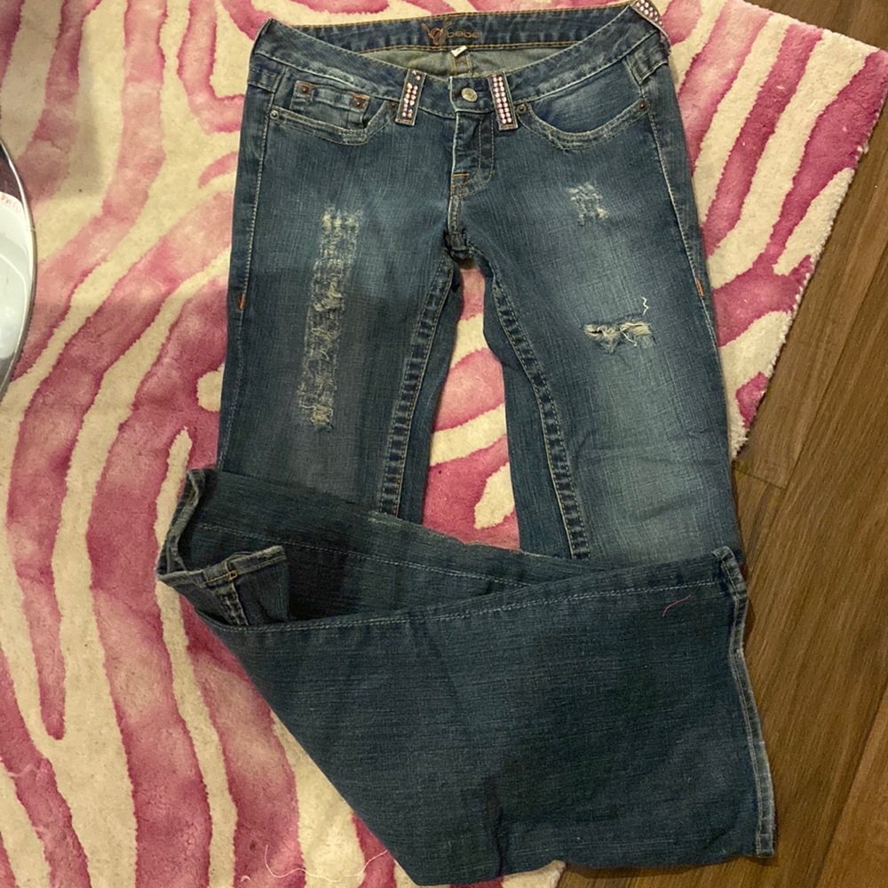 Bebe pink rhinestone trim destructed flare jeans 28